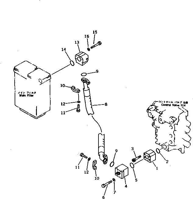 Komatsu parts book diagram for PC1000SP-1 S/N 10001-UP: CONTROL VALVE ? R.H. TO MAIN FILTER PIPING (+55ЯC SPEC.)(#10340-)