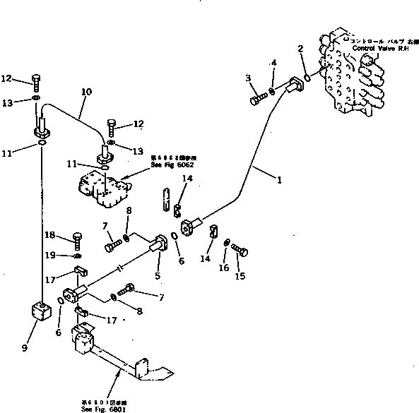 Komatsu parts book diagram for PC1000SP-1 S/N 10001-UP: BOOM CYLINDER BOTTOM PIPING (FOR CONTROL VALVE ? R.H.)            (CHASSIS SIDE)