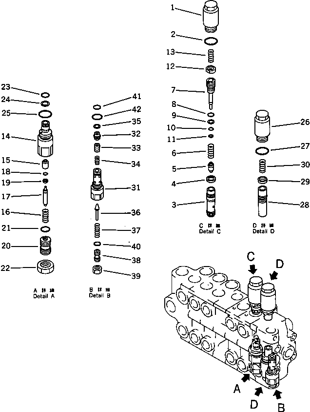 Komatsu parts book diagram for PC100L-3 S/N 12001-UP: CONTROL VALVE ? L.H. (4/4) (FOR LONG LEVER CONTROL)