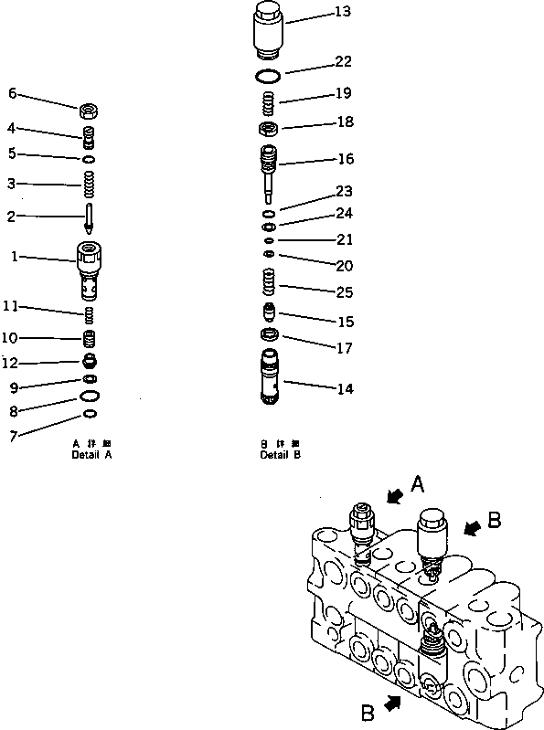 Komatsu parts book diagram for PC100L-3 S/N 12001-UP: CONTROL VALVE ? R.H. (3/4) (FOR LONG LEVER CONTROL)