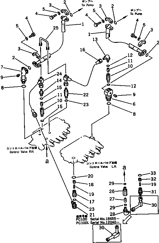 Komatsu parts book diagram for PC100L-3 S/N 12001-UP: HYDRAULIC PIPING (TANK TO PUMP TO VALVE) (2/2)(#12001-12124)
