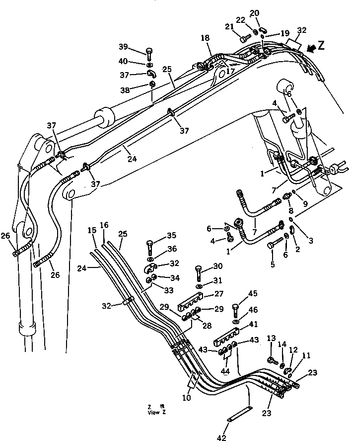 Komatsu parts book diagram for PC100L-3 S/N 12001-UP: HYDRAULIC PIPING (BOOM ? ARM AND BUCKET CYLINDER)(#12001-12199)