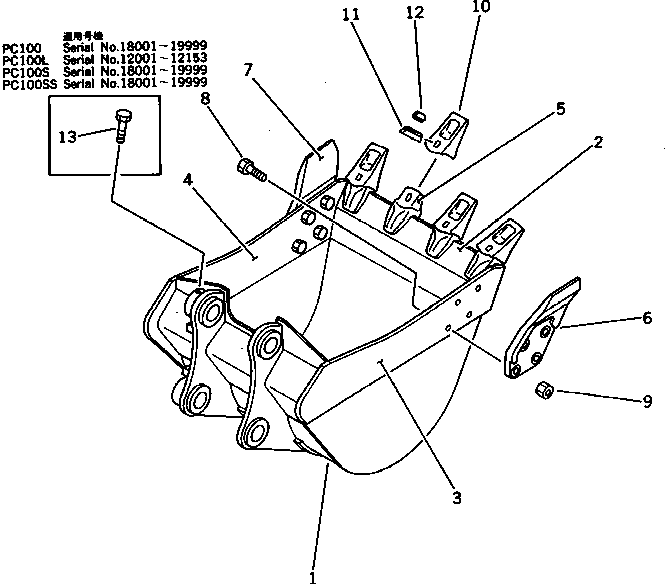 Komatsu parts book diagram for PC100L-3 S/N 12001-UP: BUCKET ? 0.33M3 ? WIDTH 700MM
