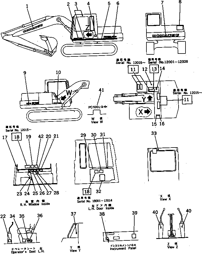 Komatsu parts book diagram for PC100L-3 S/N 12001-UP: MARKS AND PLATES (FOR LONG LEVER CONTROL)