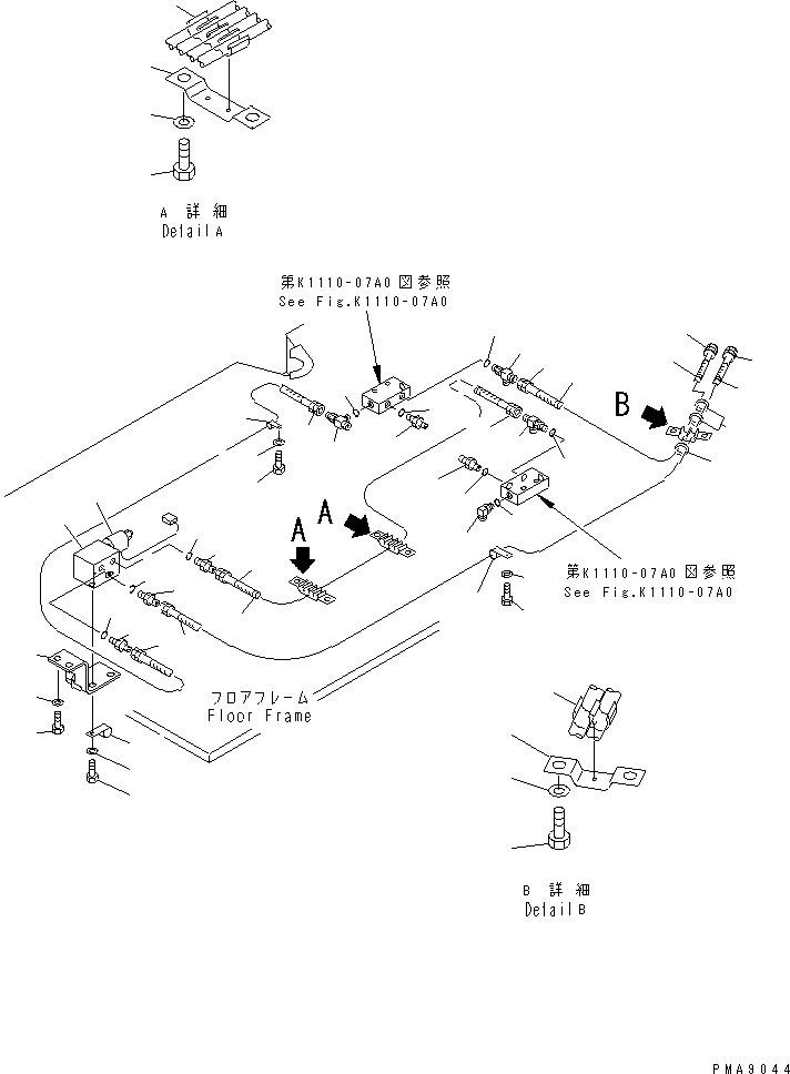 Excavators Komatsu / PC100N-6 S/N 1004-UP(pc100n-r) / FLOOR FRAME (P.P.C. PIPING) (1-ACTUATER ATTACHMENT)(#1004-1190)(210590 : K1110-09A2)