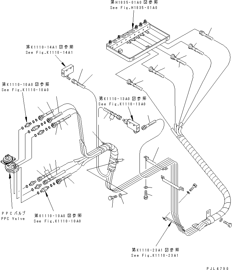 Komatsu parts book diagram for PC1100LC-6 S/N 10001-UP: FLOOR FRAME (PPC WORK LINE) (PPC HOSE ? L.H.) (FOR HIGH CAB)(#10158-)