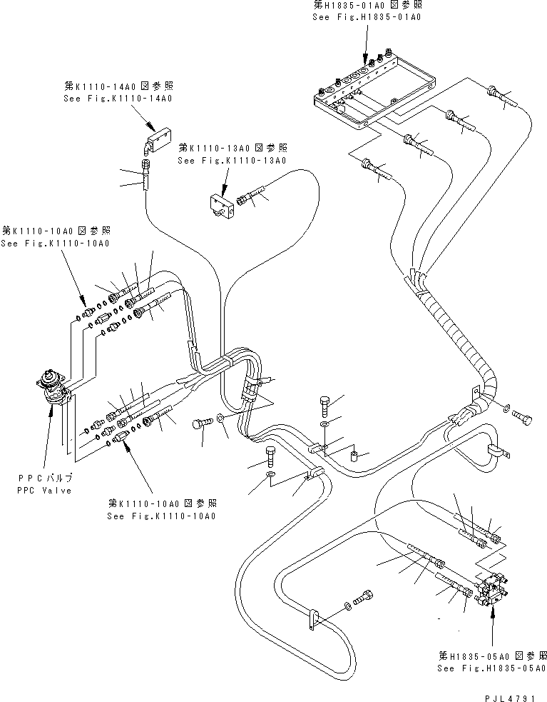Komatsu parts book diagram for PC1100LC-6 S/N 10001-UP: FLOOR FRAME (PPC WORK LINE) (PPC HOSE ? R.H.)(#10158-)