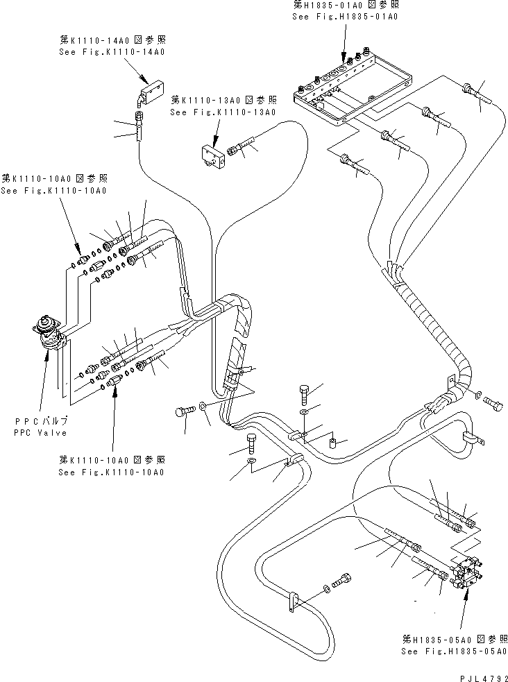 Komatsu parts book diagram for PC1100LC-6 S/N 10001-UP: FLOOR FRAME (PPC WORK LINE) (PPC HOSE ? R.H.) (FOR HIGH CAB)(#10158-)