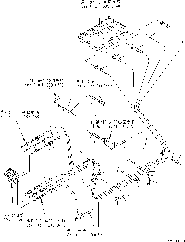Komatsu parts book diagram for PC1100LC-6 S/N 10001-UP: LEFT STAND (PPC WORK LINE) (PPC HOSE)(#10001-10157)