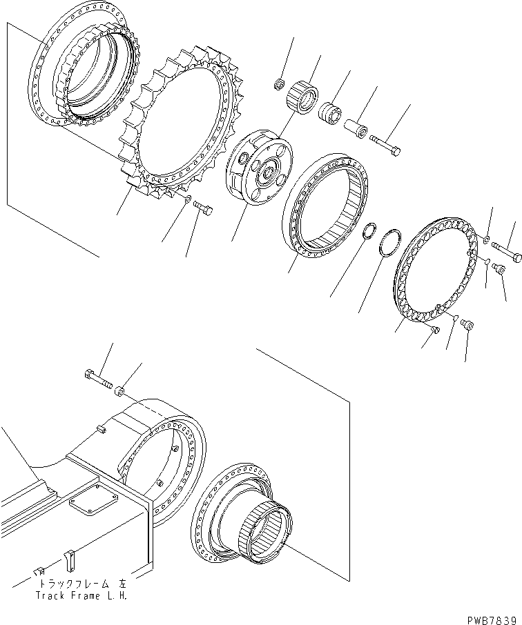 Komatsu parts book diagram for PC1100LC-6 S/N 10001-UP: TRACK FRAME (FINAL DRIVE) (3RD CARRIER AND SPROCKET) (L.H.)(#10160-)
