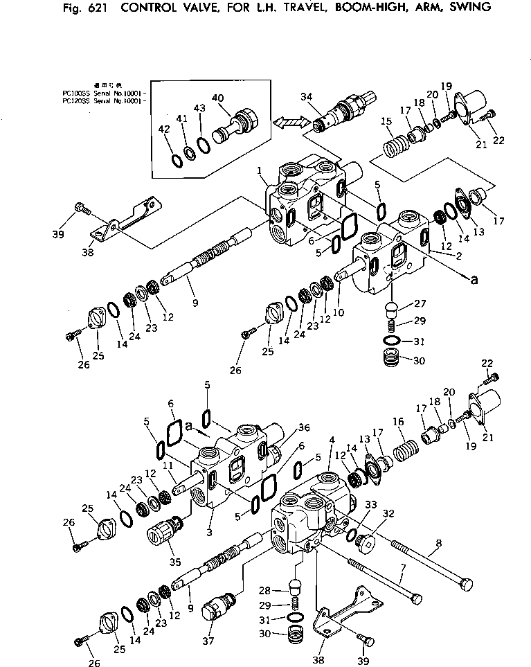 Excavators Komatsu / PC120-1 S/N 10001-UP(pc120-9c) / CONTROL VALVE ? FOR L.H. TRAVEL ? BOOM-HIGH ? ARM ? SWING(180050 : 621)