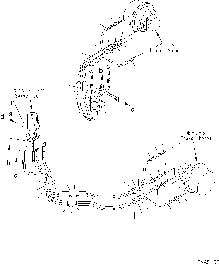 Komatsu parts book diagram for PC120-6H S/N 45001-UP: TRAVEL PIPING LOWER (TILTING SPEC.)(#45001-64839)