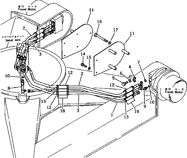 Komatsu parts book diagram for PC120S-3 S/N 18001-UP: HYDRAULIC PIPING (SWIVEL JOINT TO/FROM TRAVEL MOTOR) (FOR JAPAN)
