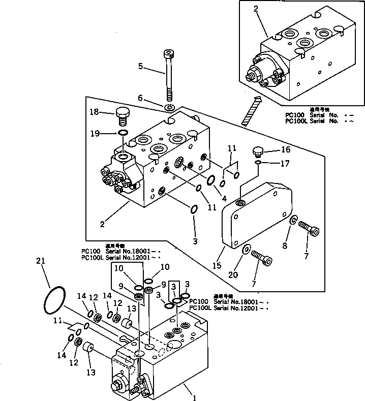 Komatsu parts book diagram for PC120S-3 S/N 18001-UP: SERVO VALVE ? REAR (1/2)