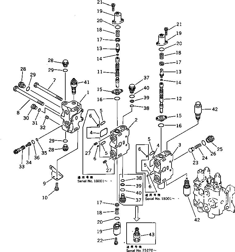 Komatsu parts book diagram for PC120S-3 S/N 18001-UP: CONTROL VALVE ? R.H. (1/4) (FOR WRIST CONTROL)
