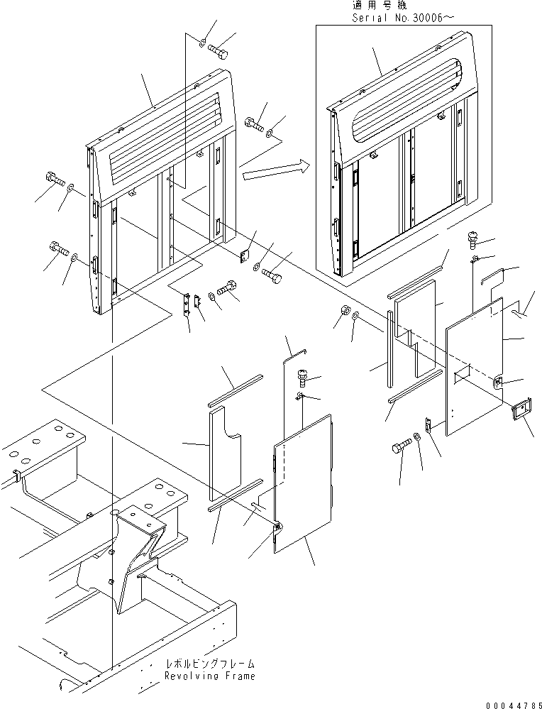 Komatsu parts book diagram for PC1250SP-8 S/N 30001-30157 (ecot3, For SP): LEFT SIDE COVER (REAR SIDE) (FOR EU)(#30001-)