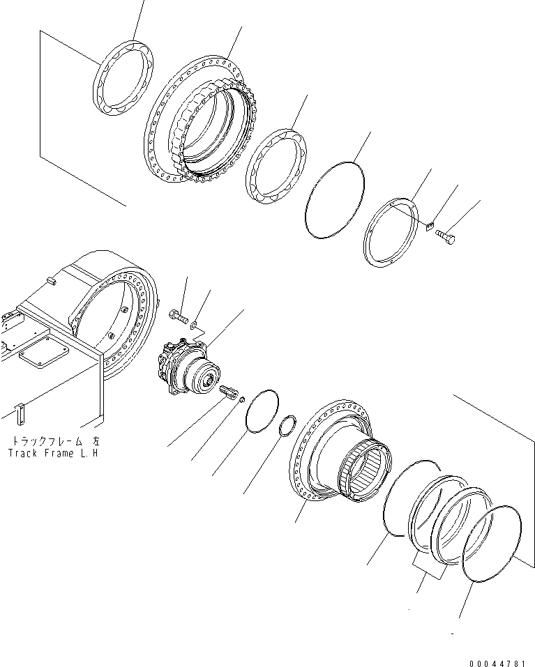 Komatsu parts book diagram for PC1250SP-8 S/N 30001-30157 (ecot3, For SP): TRACK FRAME (FINAL DRIVE) (SHAFT AND HUB) (L.H.) (COLD WEATHER A SPEC.)(#30001-)