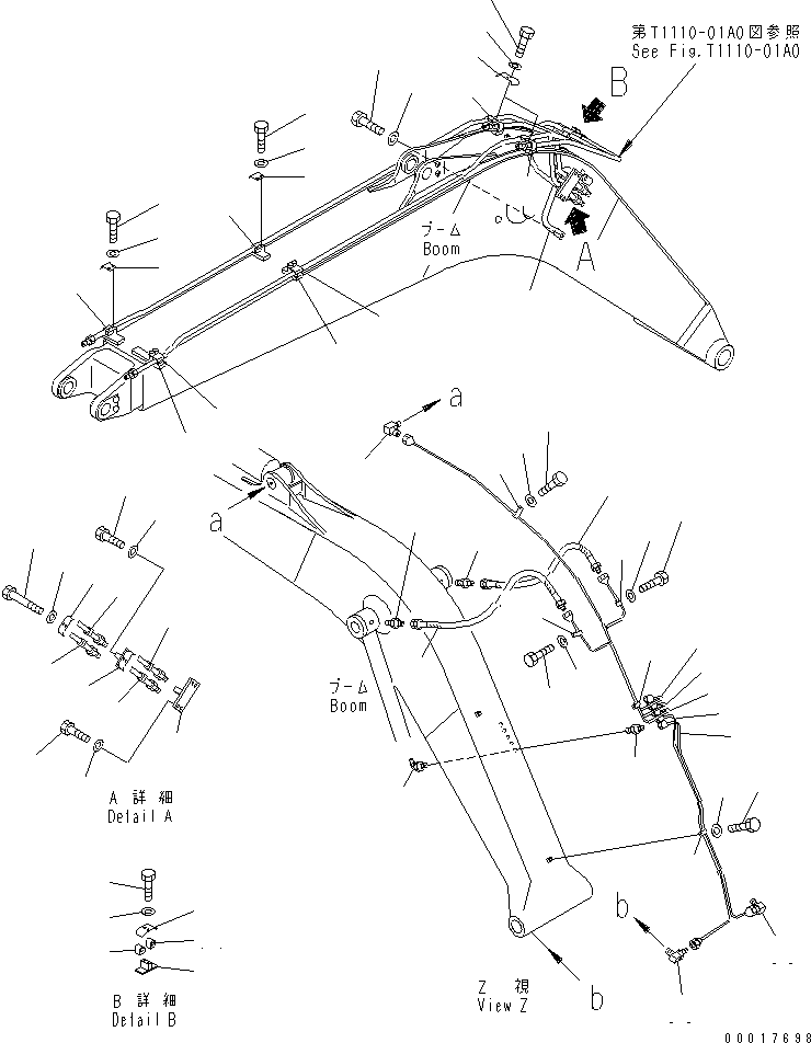 Komatsu parts book diagram for PC128US-2-A S/N 9501-UP: BOOM (HYDRAURIC LINE AND LUBRICATION PIPING)