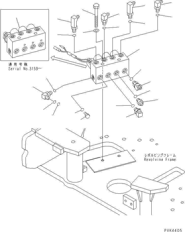 Komatsu parts book diagram for PC128UU-1 S/N 1001-UP: P.P.C. MAIN LINE (SAFETY VALVE AND ELBOW) (FOR MONO-BOOM)