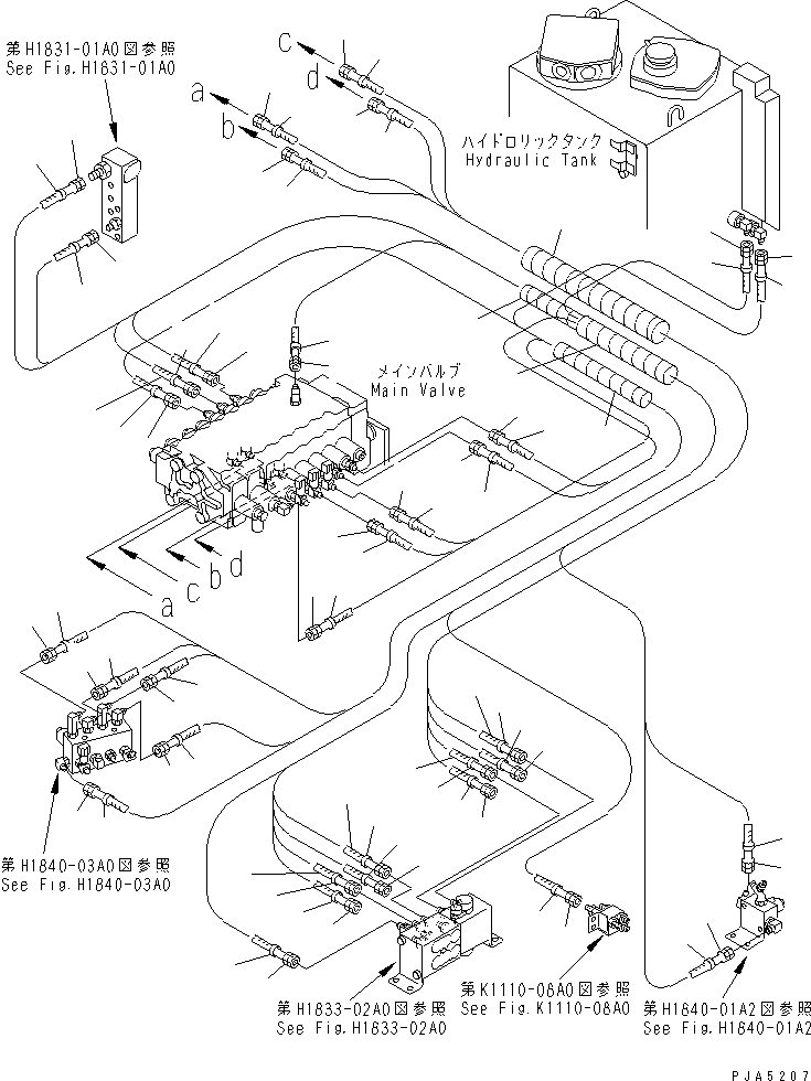 Komatsu parts book diagram for PC128UU-1 S/N 1001-UP: P.P.C. MAIN LINE (P.P.C. VALVE LINE R.H.) (BLADE LESS SPEC.)