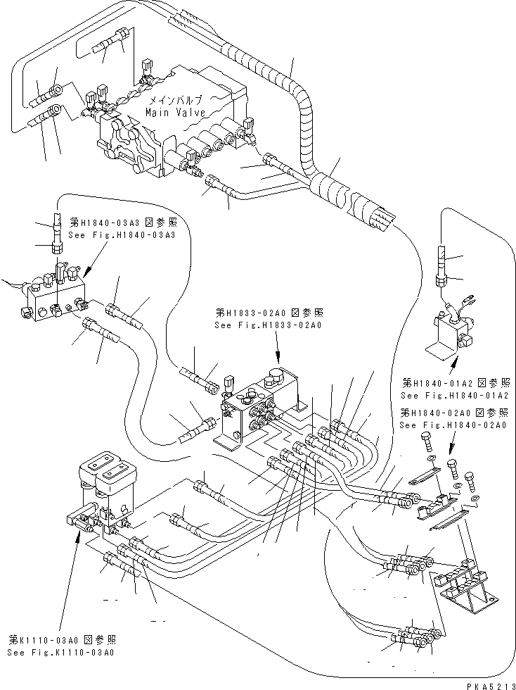 Komatsu parts book diagram for PC128UU-1 S/N 1001-UP: P.P.C. MAIN LINE (P.P.C. VALVE LINE L.H.) (FOR MONO-BOOM)        (BLADE LESS SPEC.)