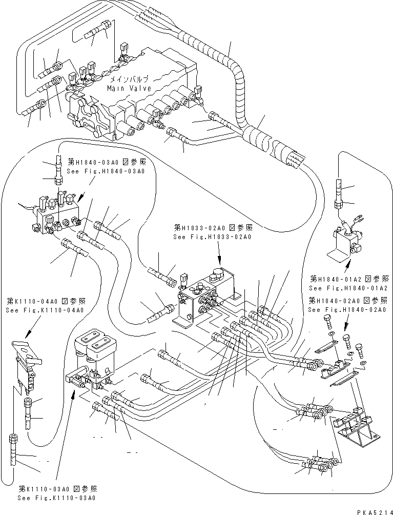 Komatsu parts book diagram for PC128UU-1 S/N 1001-UP: P.P.C. MAIN LINE (P.P.C. VALVE LINE L.H.) (BLADE LESS SPEC.)