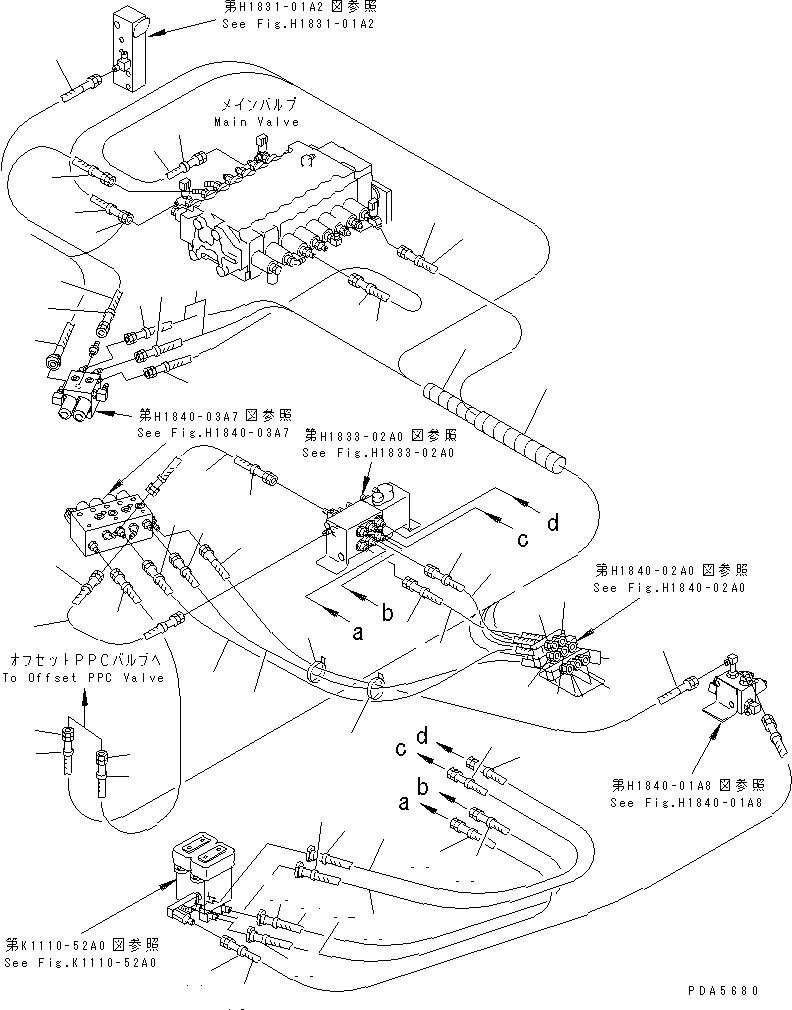 Komatsu parts book diagram for PC128UU-1 S/N 1001-UP: PPC MAIN LINE (PPC V. LINE L.H.)(BLADE LESS SPEC.)               (FOR AUTO HORIZONTALLY DIGGING)