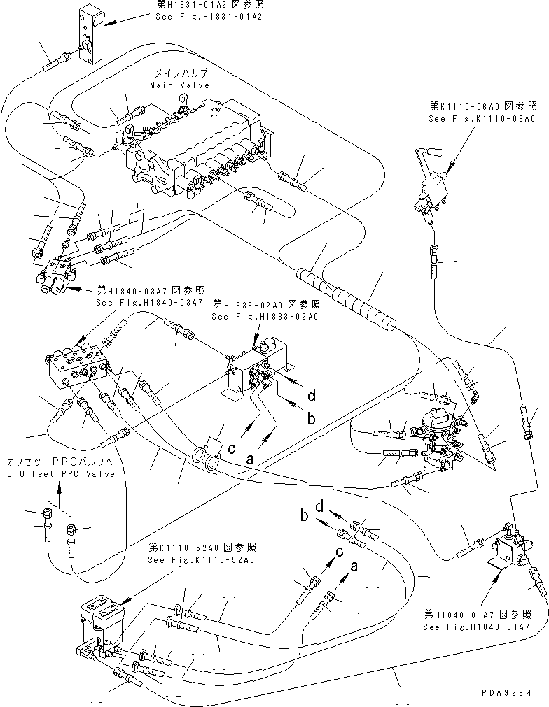 Komatsu parts book diagram for PC128UU-1 S/N 1001-UP: PPC MAIN LINE (PPC VALVE LINE L.H.) (MULTIPLE PATTERN CONTROL)   (FOR AUTO HORIZONTALLY DIGGING)(#1001-2346)