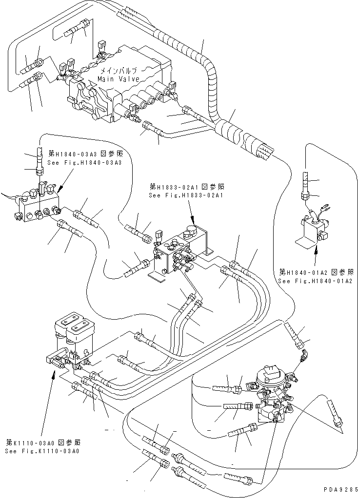 Komatsu parts book diagram for PC128UU-1 S/N 1001-UP: P.P.C. MAIN LINE (PPC VALVE LINE L.H.) (MULTIPLE PATTERNCONTROL) (FOR MONO-BOOM) (BLADE LESS SPEC.)