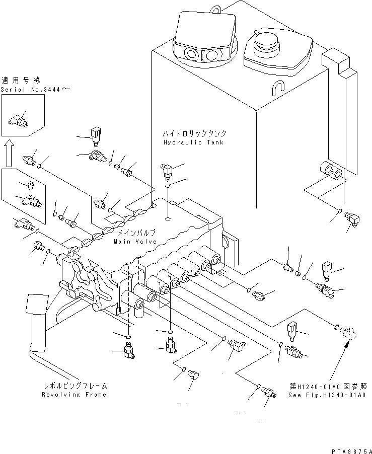 Komatsu parts book diagram for PC128UU-1 S/N 1001-UP: P.P.C. MAIN LINE (MAIN LINE ELBOW) (FOR MONO-BOOM)(#2347-)