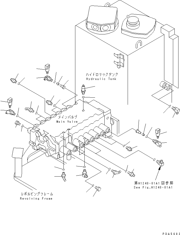 Komatsu parts book diagram for PC128UU-1 S/N 1001-UP: P.P.C. MAIN LINE (MAIN LINE ELBOW) (FOR AUTO HOLIZONTALLY        DIGGING) (BLADE LESS SPEC.)(#1001-2346)