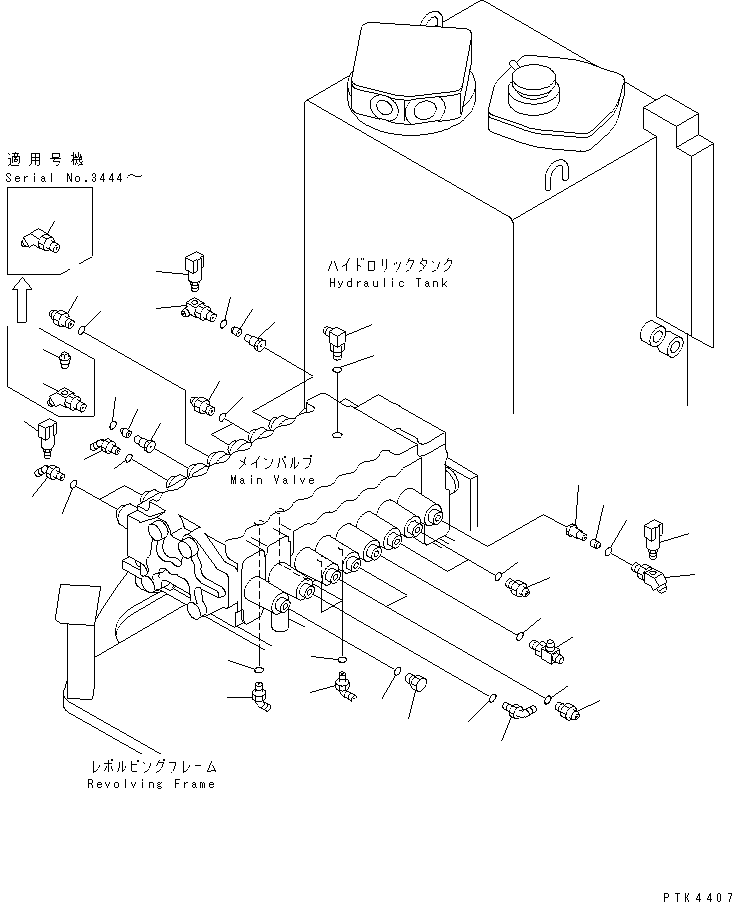 Komatsu parts book diagram for PC128UU-1 S/N 1001-UP: P.P.C. MAIN LINE (MAIN LINE ELBOW) (FOR AUTO HOLIZONTALLY        DIGGING) (BLADE LESS SPEC.)(#2347-)