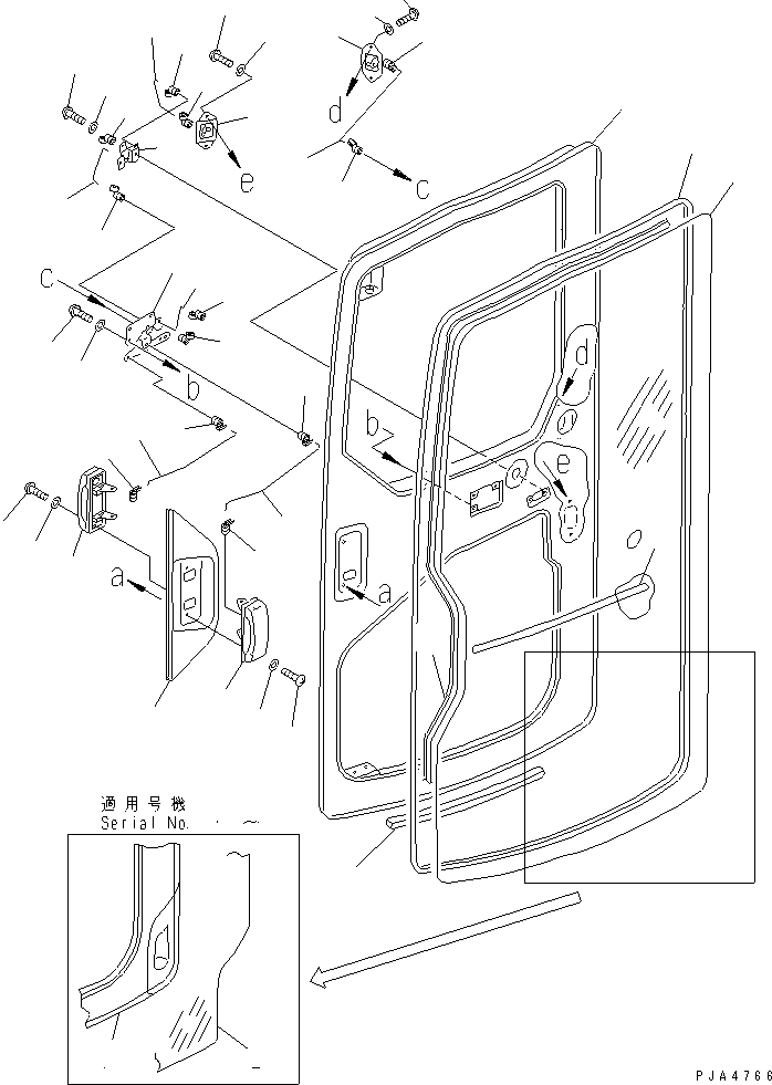 Komatsu parts book diagram for PC128UU-1 S/N 1001-UP: OPERATOR'S CAB (DOOR 1/2) (4/7)