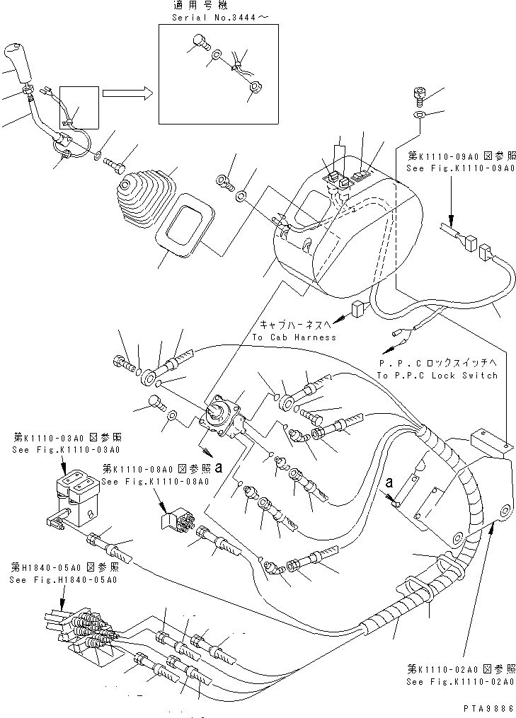 Komatsu parts book diagram for PC128UU-1 S/N 1001-UP: FLOOR FRAME (LEFT STAND) (P.P.C. VALVE LINE L.H.)