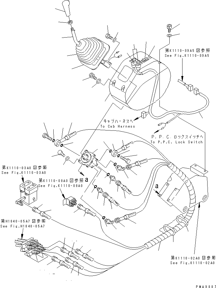 Komatsu parts book diagram for PC128UU-1 S/N 1001-UP: FLOOR FRAME (LEFT STAND) (P.P.C. VALVE LINE) (FOR AUTO           HORIZONTALLY DIGGING)(#1001-2346)