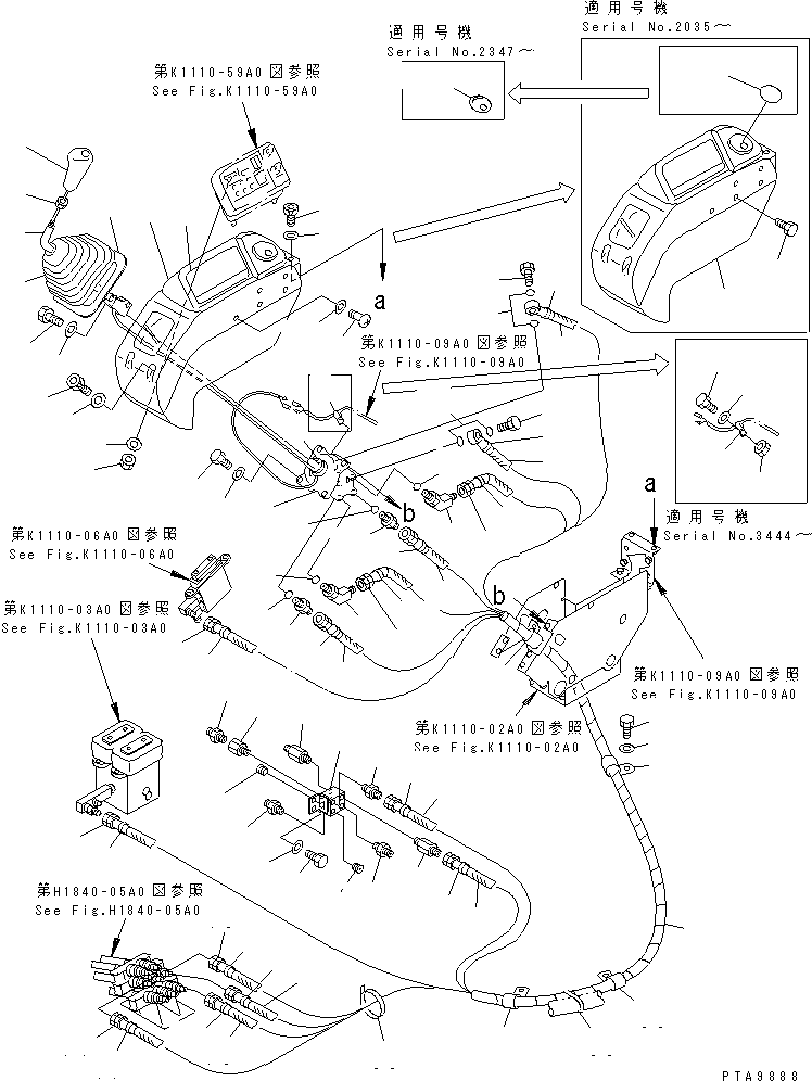 Komatsu parts book diagram for PC128UU-1 S/N 1001-UP: FLOOR FRAME (RIGHT STAND) (P.P.C. VALVE LINE R.H.)