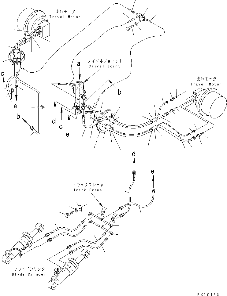 Komatsu parts book diagram for PC128UU-1 S/N 1001-UP: TRAVEL PIPING LOWER(#3444-)