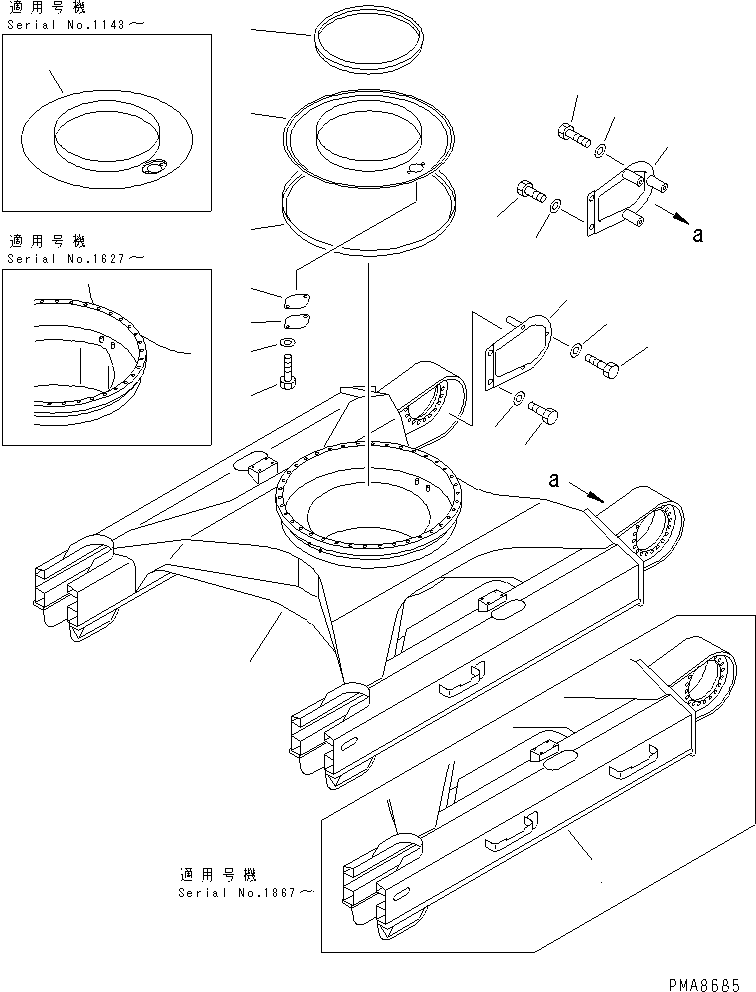 Komatsu parts book diagram for PC128UU-1 S/N 1001-UP: TRACK FRAME (BLADE LESS SPEC.)(#1001-2346)