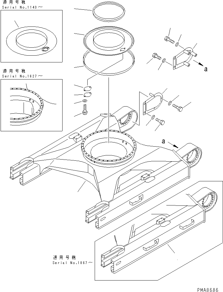 Komatsu parts book diagram for PC128UU-1 S/N 1001-UP: TRACK FRAME (RUBBER SHOE) (BLADE LESS SPEC.)(#1001-2346)
