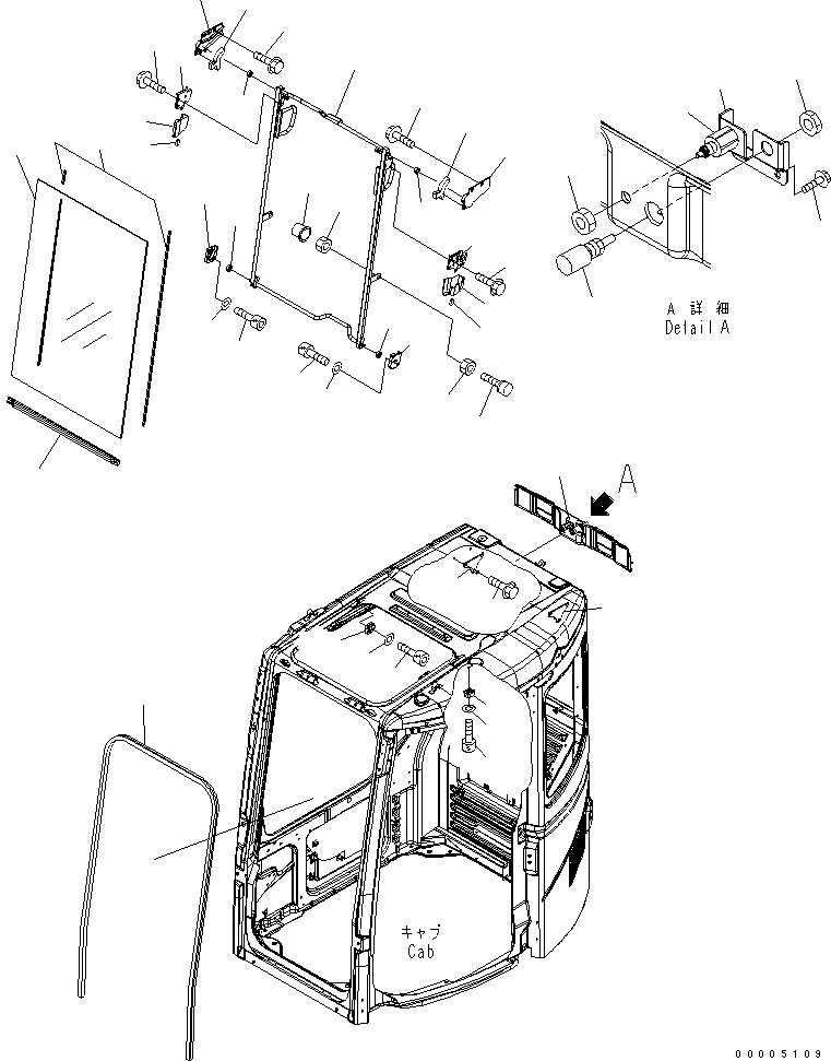 Komatsu parts book diagram for PC138US-2-A S/N 4501-UP: OPERATOR'S CAB (FRONT WINDOW)