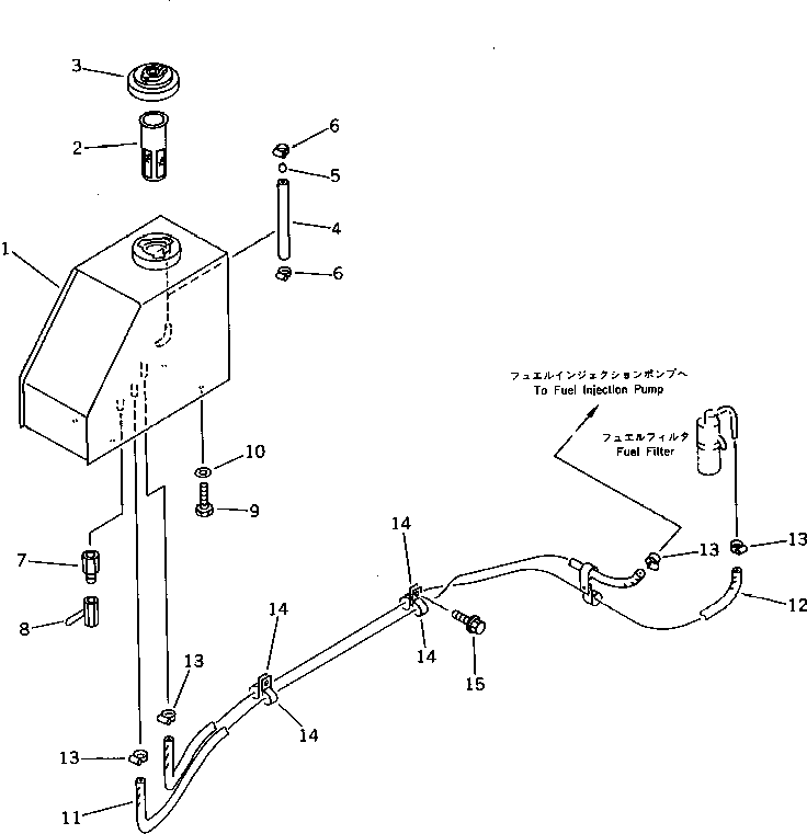 Komatsu parts book diagram for PC15-2 S/N 2001-UP (6-Way Control): FUEL TANK AND PIPING