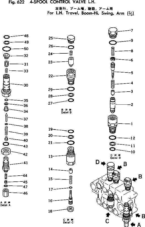 Excavators Komatsu / PC150-1 S/N 1001-UP(pc150-1r) / 4-SPOOL CONTROL VALVE ? L.H.(2/2) (FOR L.H.TRAVEL ?BOOM-HI ?SWING ?  ARM)(180070 : 622)