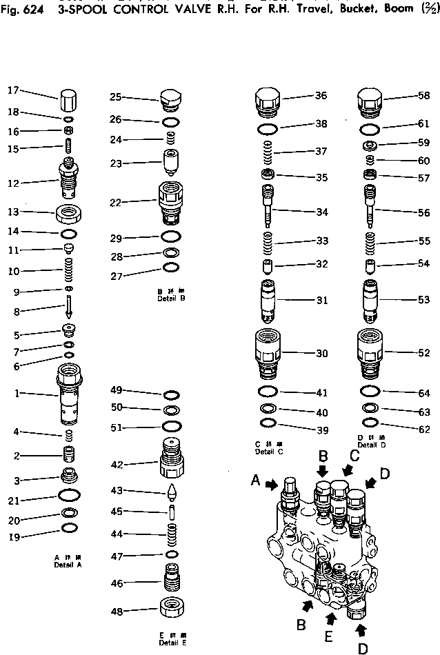 Excavators Komatsu / PC150-1 S/N 1001-UP(pc150-1r) / 3-SPOOL CONTROL VALVE ? R.H.(2/2) (FOR R.H. TRAVEL ? BUCKET ? BOOM)(180090 : 624)