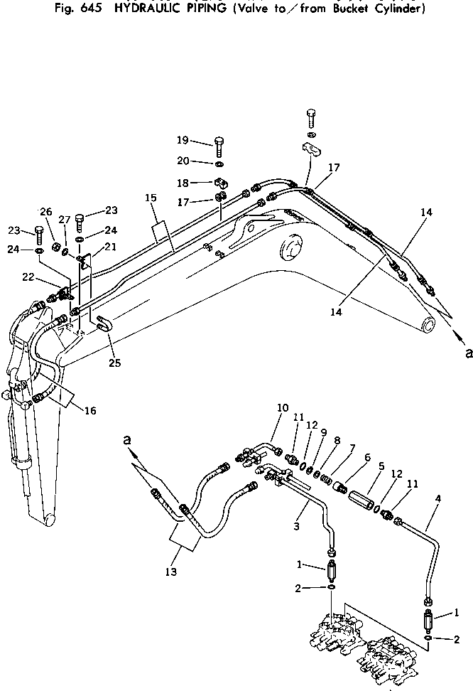 Excavators Komatsu / PC150-1 S/N 1001-UP(pc150-1r) / HYDRAULIC PIPING (VALVE TO/FROM BUCKET CYLINDER)(180180 : 645)