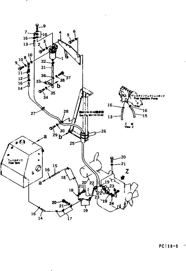 Komatsu parts book diagram for PC150-5 S/N 6001-UP: FUEL PIPING (WITH WATER SEPARATER) (EXCEPT JAPAN)