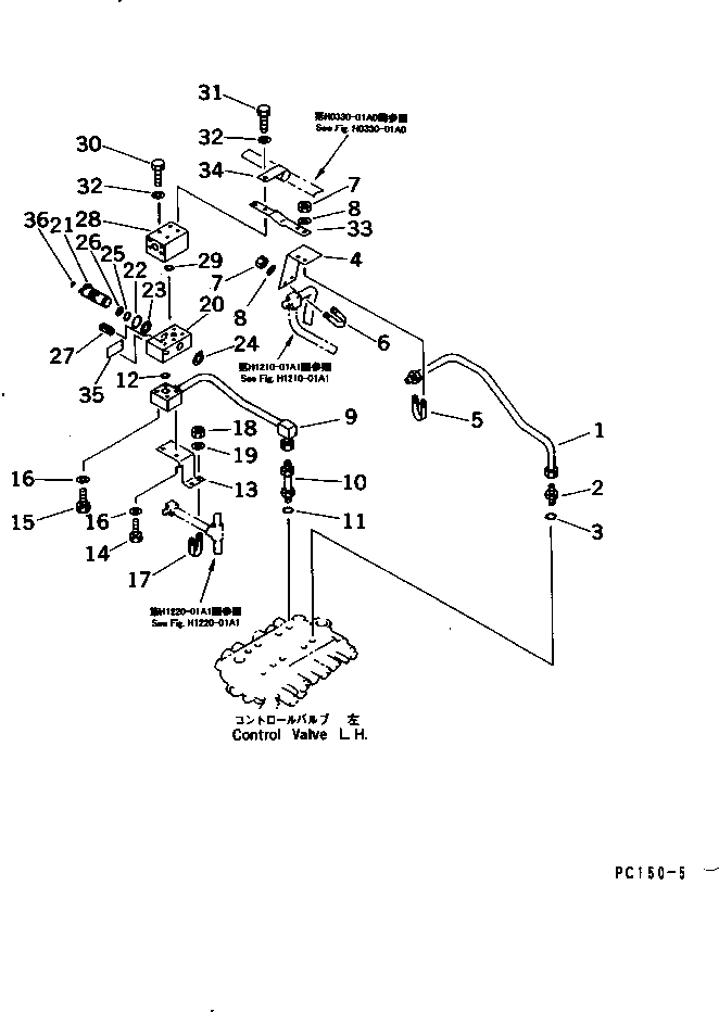 Komatsu parts book diagram for PC150-5 S/N 6001-UP: HYDRAULIC PIPING (OIL COOLER AND RETURN LINE) (1/2)              (BREAKER AND OTHER ATTACHMENT)