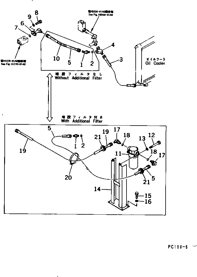 Komatsu parts book diagram for PC150-5 S/N 6001-UP: HYDRAULIC PIPING (OIL COOLER AND RETURN LINE) (2/2)              (2-ACTUATER OTHER ATTACHMENT)