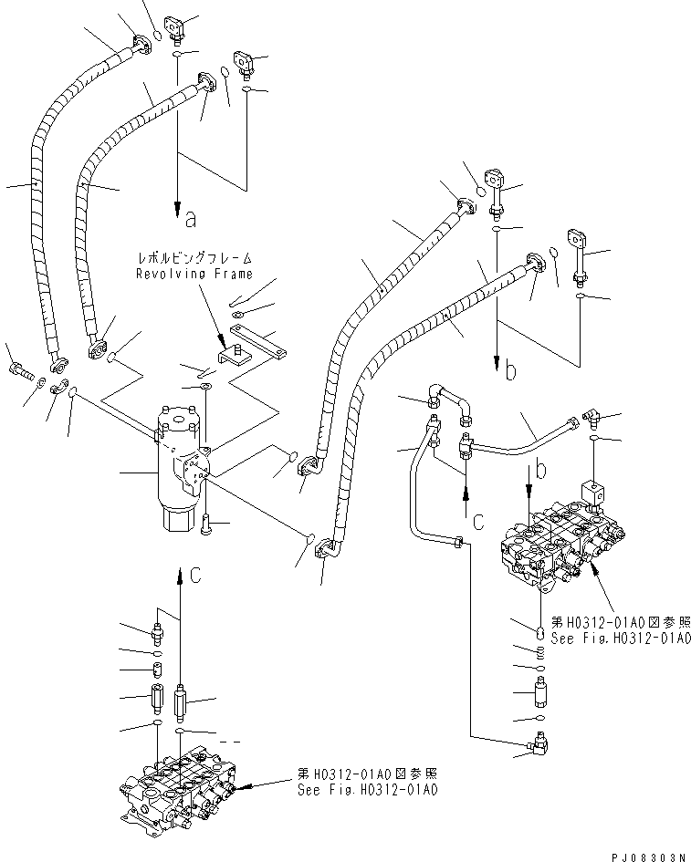 Komatsu parts book diagram for PC150-5 S/N 6001-UP: HYDRAULIC PIPING (TRAVEL MOTOR LINE) (UPPER)