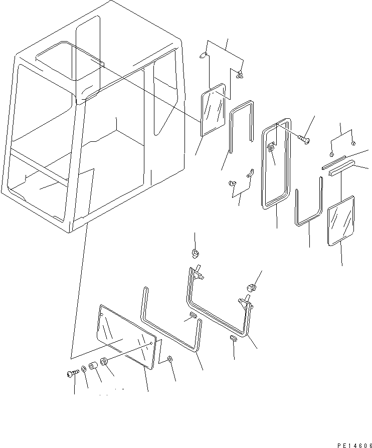 Komatsu parts book diagram for PC150-5 S/N 6001-UP: OPERATOR'S CAB (3/7) (FRONT AND R.H. SIDE WINDOW)(#6001-7689)