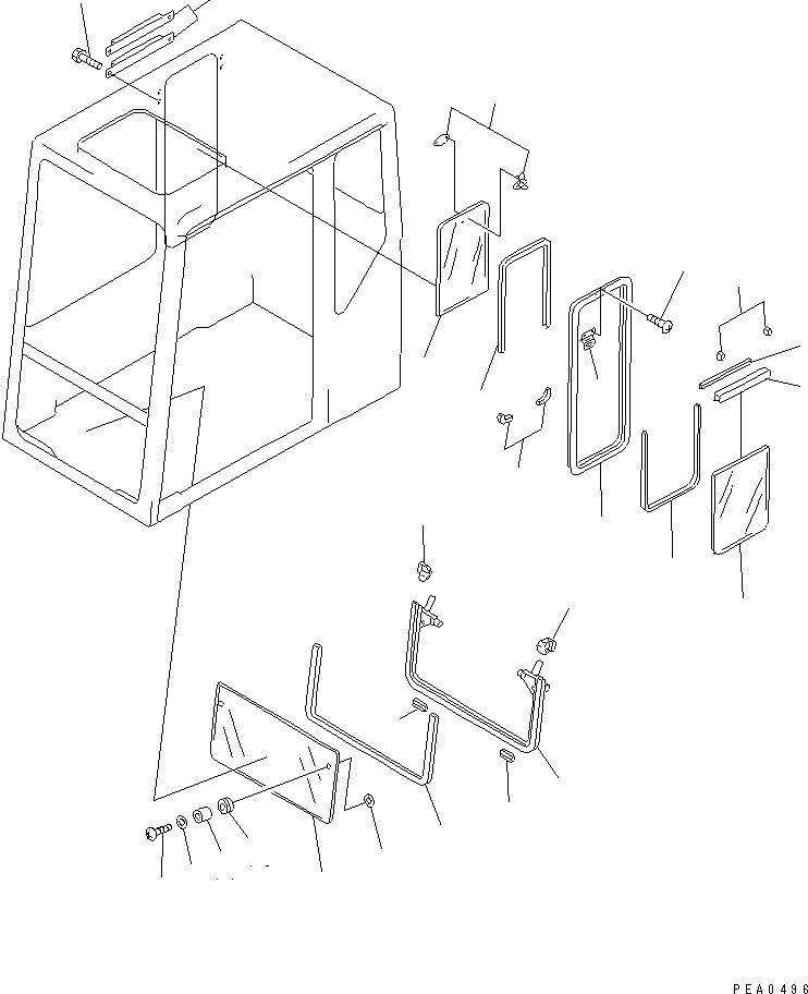 Komatsu parts book diagram for PC150-5 S/N 6001-UP: OPERATOR'S CAB (3/7) (FRONT AND R.H. SIDE WINDOW)                (FOR U.S.A. AND CANADA)